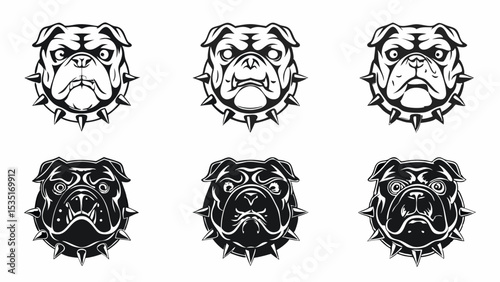 Six bulldog heads with spiked collars in black and white showcasing different styles and expressions | eps vectors silhouette