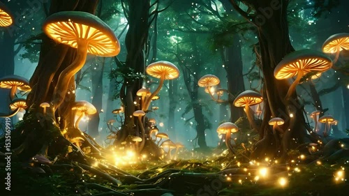 Luminous fungi illuminate a mystical forest with ethereal glowing orbs
