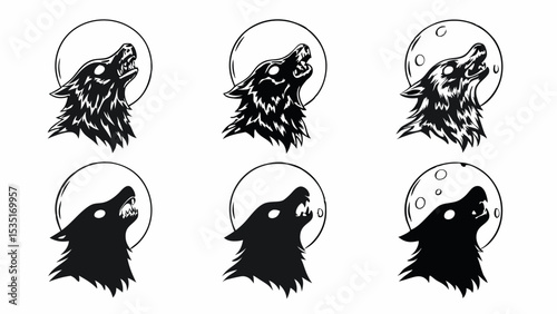 Six black and white wolf heads howling at the moon in different styles and moon phases illustration | eps vectors silhouette