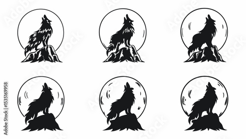 Silhouetted wolves howling at the moon atop rocky outcrops in a repeating pattern against white background | eps vectors