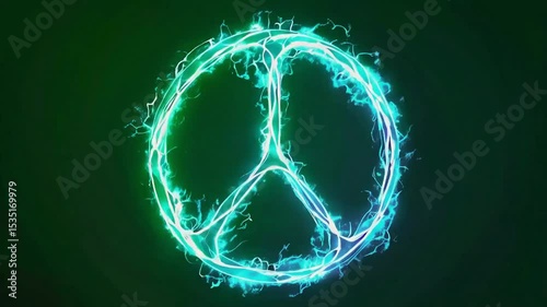 Luminous green peace symbol with crackling energy on dark backdrop