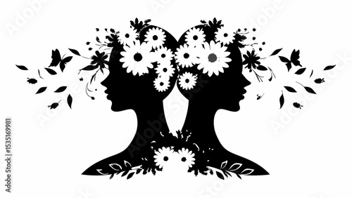 Two silhouette profiles adorned with flowers and butterflies facing each other in black and white art | eps vectors