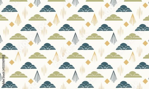Modern Geometric Pattern with Clouds and Mountains