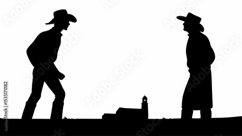 Silhouette of two cowboys facing each other with a building in the background on a white backdrop | eps vectors