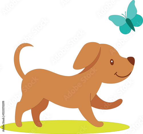 A cheerful brown cartoon dog happily walks on green grass, curiously looking up at a flying blue butterfly. Ideal for children's books and designs.