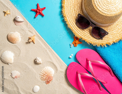 Summer Beach Flat Lay with Straw Hat