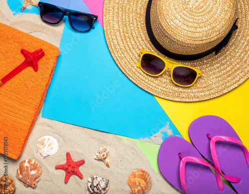 Summer Beach Flat Lay with Straw Hat