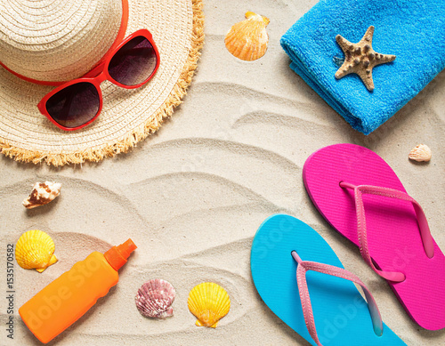 Summer Beach Flat Lay with Straw Hat