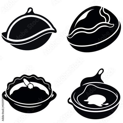 Black and White Icons Featuring Covered Dish, Meat, Pie, and Fried Egg