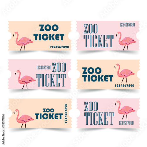Retro vector ticket with pink Flamingo. Vector zoo ticket. Retro ticket with a bird for zoo