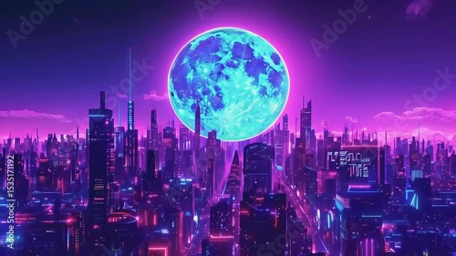 Neon cityscape under a turquoise moon, set against a purple-pink sky