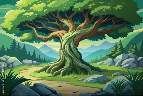 Majestic Ancient Tree in Mountain Valley Landscape Illustration