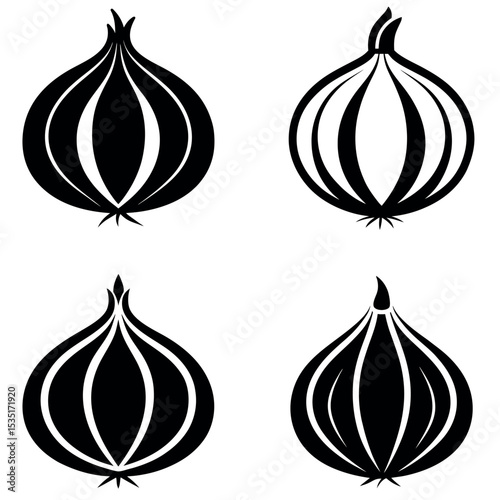 Four Black and White Onion Silhouettes with Varying Designs on White Background