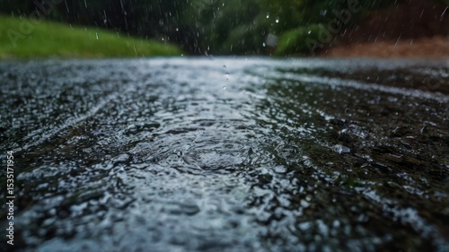 Rain-soaked pavement in a storm