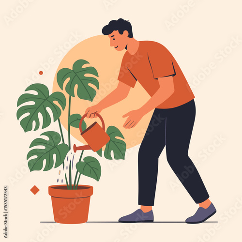 Modern flat style vector illustration of young man watering Monstera houseplant in terracotta pot with red watering can, indoor gardening and home plant care concept on abstract geometric background