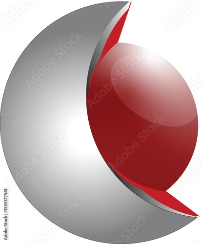 a eye catching 3D logo design with silvery texture and red round circle