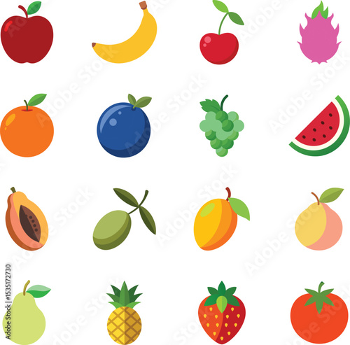Colorful flat icon set of fresh fruits , vector 