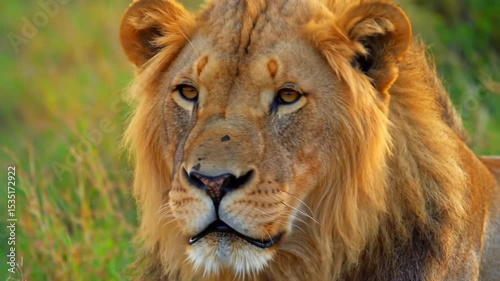 Close-up of majestic male lion staring into distance in natural grassy habitat. Wildlife concept
