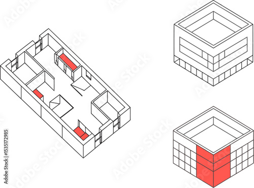 Architectural floor plan building design isometric view red accents blueprint modern construction project editable stock vector illustration