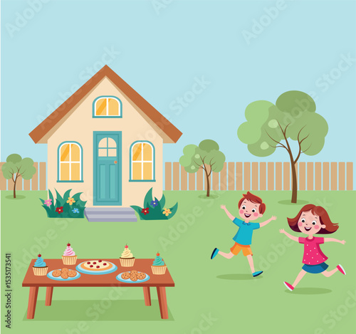 Small cartoon children celebrate their birthday in the courtyard in front of a small house with cakes and gifts
