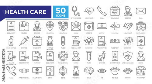Health care lineal icon set collection. This set includes stethoscope, heartbeat, doctor, hospital, medical test and more icons in 
lineal style. Vector icons collection for websites and infographics