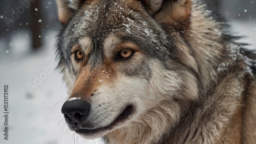 Close-up of a wolf in snowy woods
