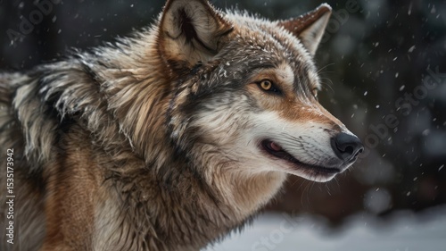 Close-up of a wolf in a snowy forest