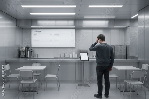 Wallpaper Mural Man from behind looking at digital menu tablet at self service coffee shop. Modern interior design and future restaurant ordering. Torontodigital.ca
