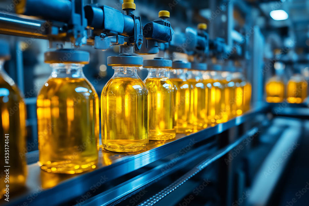Automated Industrial Manufacturing Process with Glowing Yellow Liquid in Glass Bottles Automated Industrial Manufacturing Process with Glowing Yellow Liquid in Glass Bottles