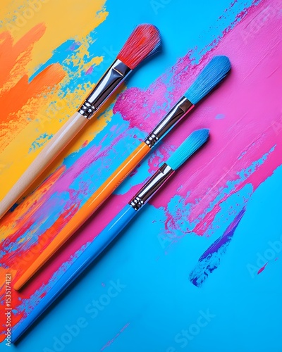 Three colorful paintbrushes on a vibrant, abstract painted background.