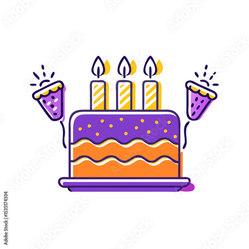 Icon of colorful birthday cake with candles and party hats for celebration 