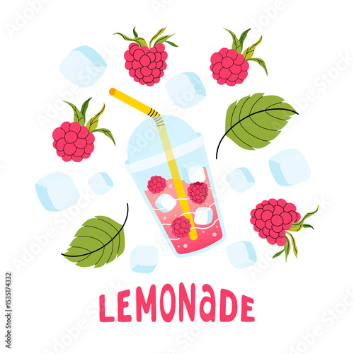 Summer square card with raspberry. Lemonades, berry, ice cube and leaves icon. Bright seasonal white background for cafes, menus, and advertisements. Food and drinks. Vector flat illustration.