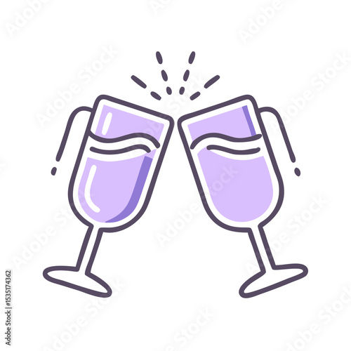 Colorful icon of two clinking glasses filled with purple liquid 