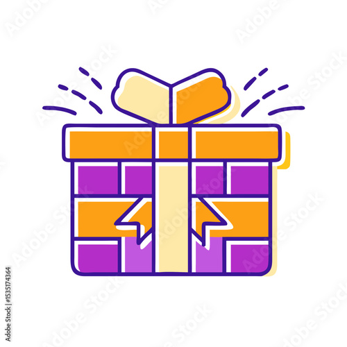 Colorful icon of an open gift box with decorations 