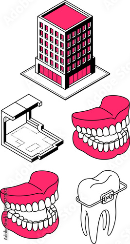 Dental office building with dentures and tooth braces isometric illustration design art concept editable stock vector illustration