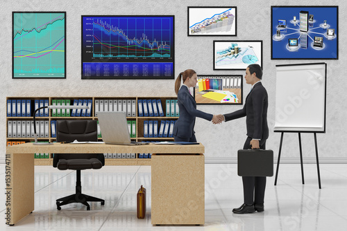Illustrazione 3D. Ufficio, manager, impiegati lavorano con contratto, consulenza, finanza. Stretta di mano per gli affari.