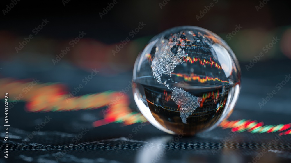 Fototapeta premium A glass sphere represents a digitalized world, with the world map depicted in glowing dots, symbolizing the connection between technology and the global environment.