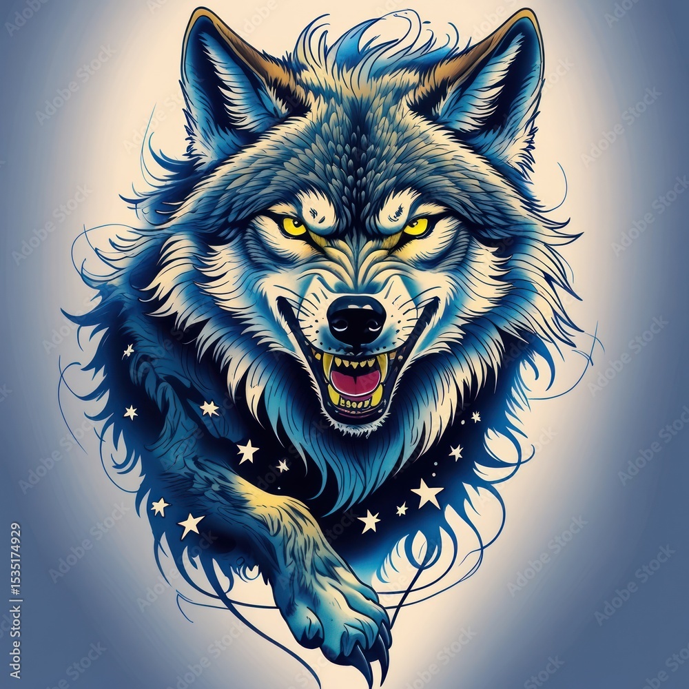 Fototapeta Angry wolf portrait, stylized art