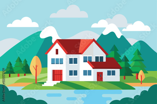 Serene Mountainside House Lakeside Home with Stunning Views Illustration
