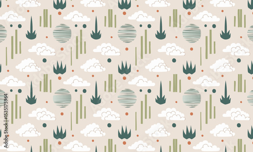 Abstract Landscape Pattern with Planets and Clouds