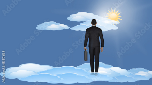 Illustrazione 3D. Uomo d'affari sospeso sulle nuvole verso il futuro radioso di successo in economia e finanza.