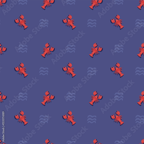 Hand drawn seamless pattern of lobster and wave. Nice print for trendy summer clothes