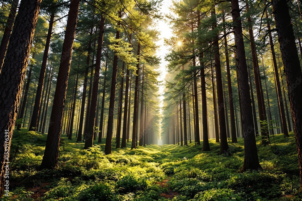 Obraz premium Sunlight filtering through tall pine trees in a lush green forest.