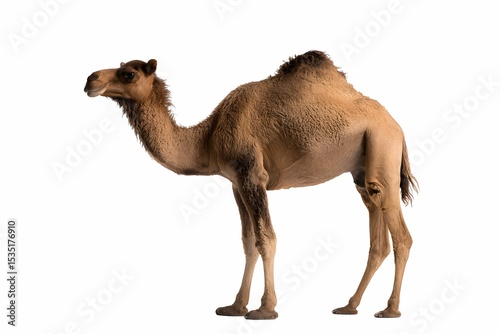 A curious dromedary camel with shaggy fur and a big hump on a plain background.