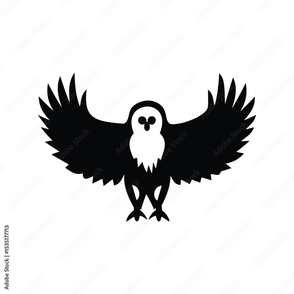 Fototapeta premium Black and white silhouette illustration of a stylized owl with outstretched wings for design use.