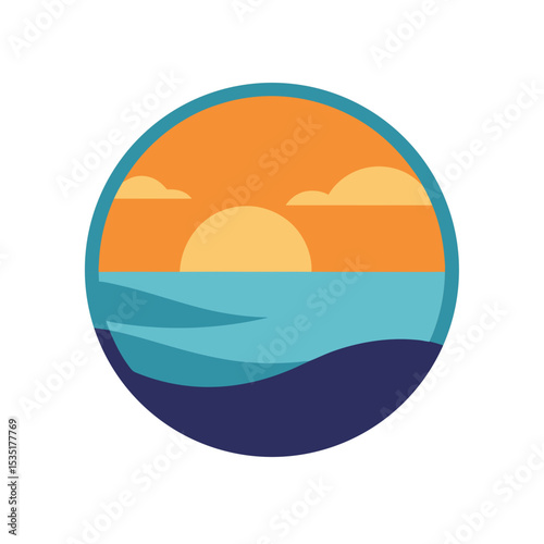 Ocean Sunset View Vector Logo Icon in a Circle