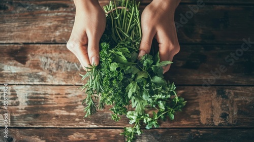 Hands holding a fresh assortment of green herbs on a rustic wooden surface in natural light