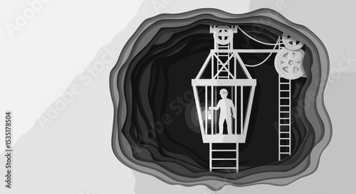 Miner in Elevator with Lantern Inside Mine Shaft for Safety Awareness, Mining Industry Education, Occupational Health Campaigns, and Career Development Resources