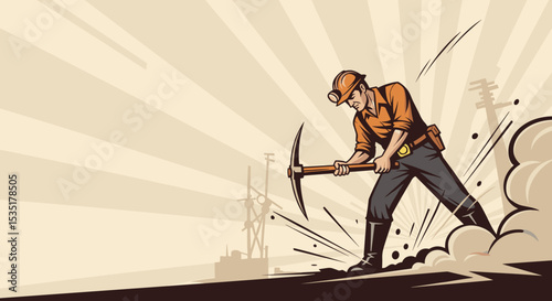 Miner Working with Pickaxe against Explosive Background for Mining Industry Blogs, Labor Awareness Campaigns, Educational Materials, and Historical Documentaries