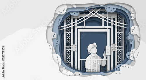 Miner in Elevator with Safety Gear Inside Mine Shaft for Mining Industry, Safety Awareness Campaigns, Education, and Construction Websites
